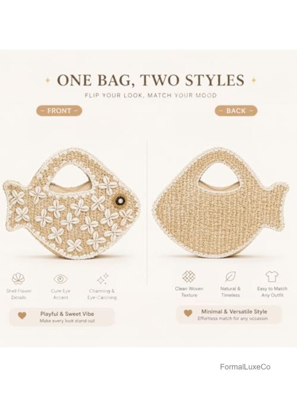 Woven Straw Fish Shaped Clutch Handbag Women Summer Beach Mini Novelty Tote - Picture 2 of 6